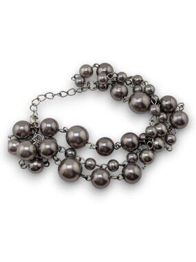 Gothic Glam Silver Gray Faux Pearl Triple Strand Statement Bracelet 7 Inch